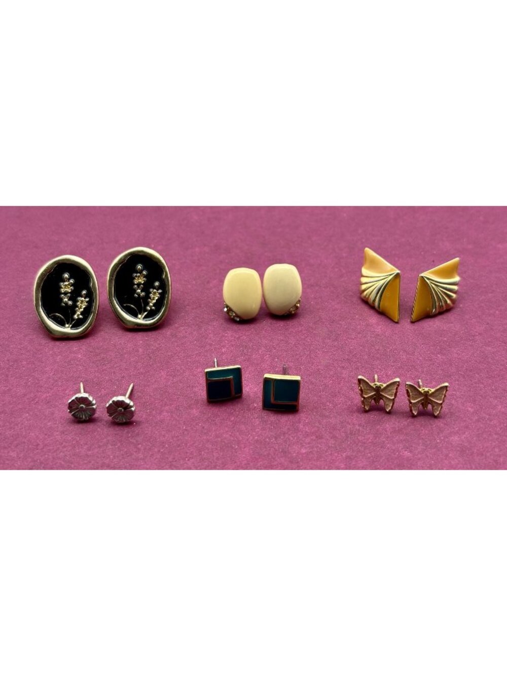 Lot of Six Vintage Post Earrings Enamel Metal 1/4" To 5/8" White Black Unbranded